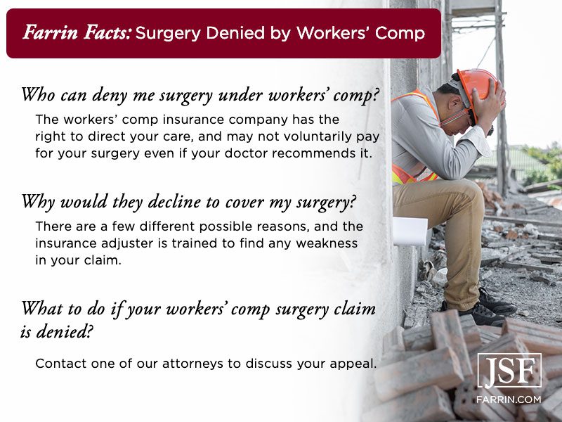 Construction worker holds his head on step of demolished building. Farrin facts about denied surgery